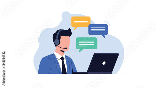 Customer Support Representative with Headset Working on Laptop