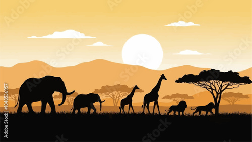 African Wildlife Silhouette Safari Scene at Sunset.