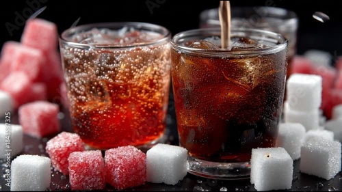 Sugary sodas. Sweetened beverages. Carbonated drinks. Cola. Sugar addiction. Glasses of cola with sugar cubes on a dark background