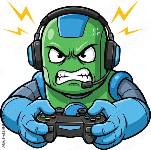 Angry green cartoon robot gamer with headphones and a controller showing intense frustration while playing a video game.