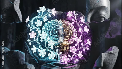 A vibrant digital illustration showcasing a dual-hemisphere brain intertwined with delicate floral patterns, symbolizing the fusion of nature and technology.