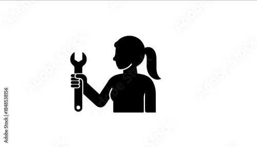 Silhouette of a woman holding a wrench, symbolizing female empowerment and mechanical skills in a simple icon design.