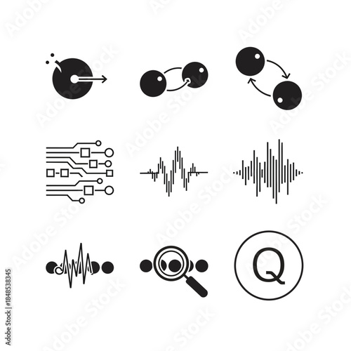 Dynamic data analysis icons and scientific symbols representing research progress and technological innovation with precision and clarity