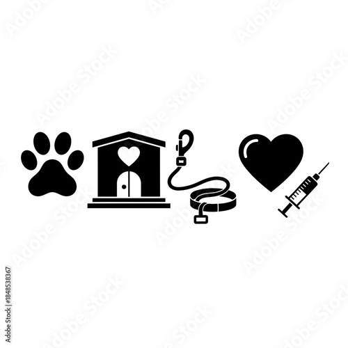 Caring for pets with love and health services, featuring a paw print, kennel, leash, heart, and medical syringe for veterinary care.