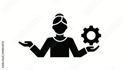 Woman holding a gear and an open hand, representing balance, management, and problem-solving in business and technology.