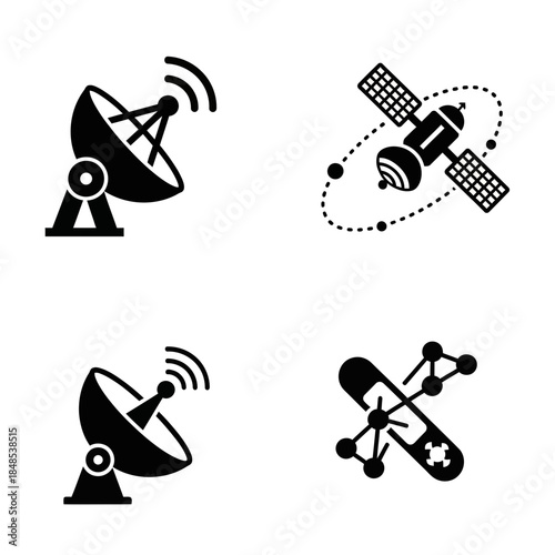 Modern communication icons depicting satellite dishes and orbital spacecraft, symbolizing connectivity, technology, and space exploration