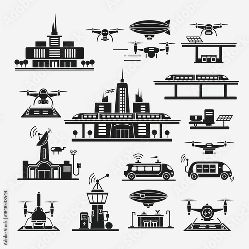 Futuristic urban transport and technology icons showcasing smart cities with drones, autonomous vehicles, and high-speed trains for modern innovation concepts.