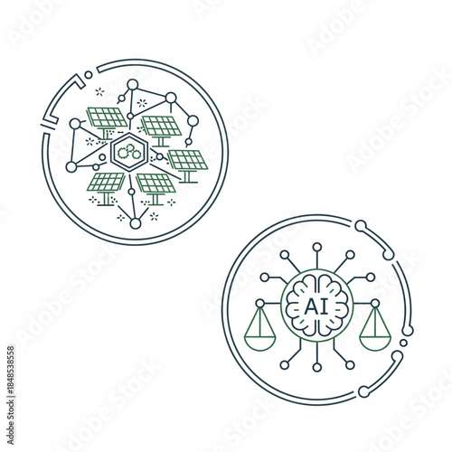 Smart sustainable energy systems and AI driven legal justice concepts visualized with modern clean icons representing future innovation and technology integration