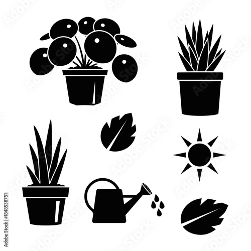 Charming collection of potted plants, watering can, and sun icon, perfect for garden and home decor projects