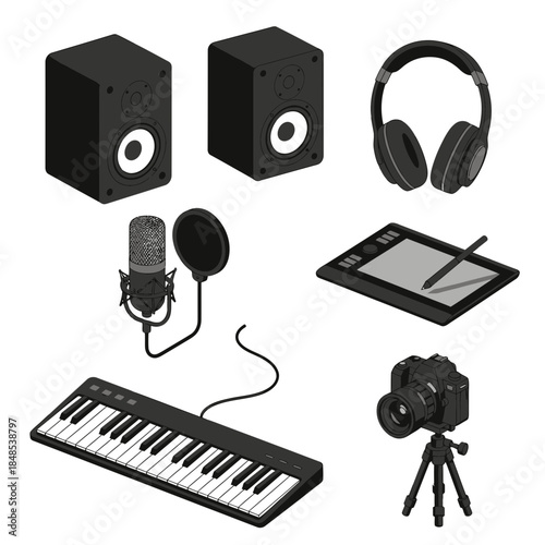 Create amazing content with this collection of professional music production and creative studio gear including speakers, headphones, microphone, keyboard, tablet, and camera.