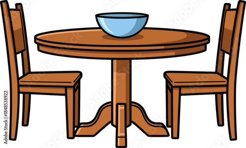 Cartoon wooden dining set with a round pedestal table two chairs and a light blue bowl.