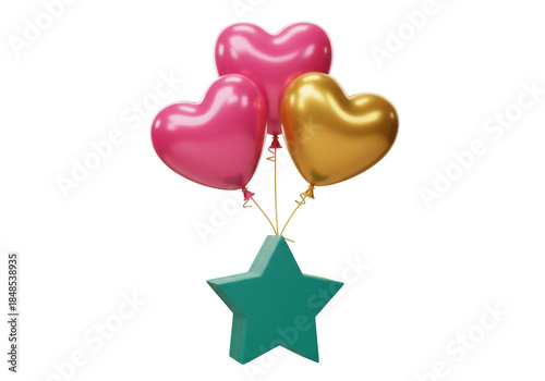 Heart-shaped balloons with a star isolated PNG on transparent background, love and celebration concept for graphic design and decoration