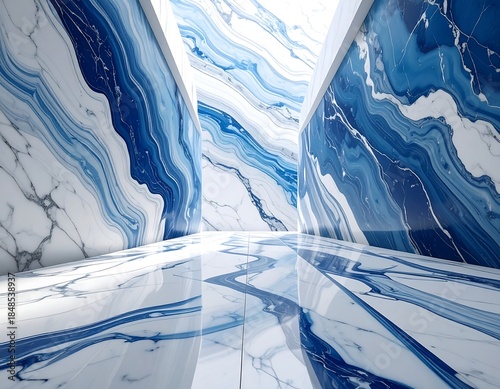 Modern, bright interior space with walls and floor of swirling blue and white patterned marble, creating a sense of depth