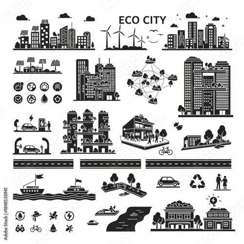Dynamic eco city illustrations showcasing sustainable urban living with renewable energy, green buildings, and smart technology for a brighter future.