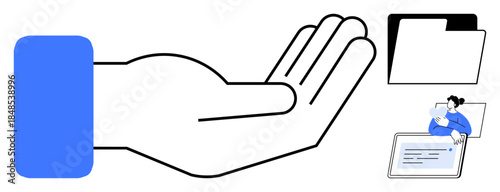 Data sharing concept. Open hand with icons of folders and a digital tablet highlights data sharing processes. Data sharing across devices boosts collaboration. Ideal for teamwork, cloud storage