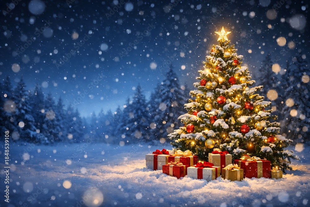 Obraz premium Magical Christmas Tree in Snowy Winter Forest with Golden Holiday Lights, Star Topper, Festive Ornaments and Gift Boxes Under Falling Snow – Warm Celebration Atmosphere