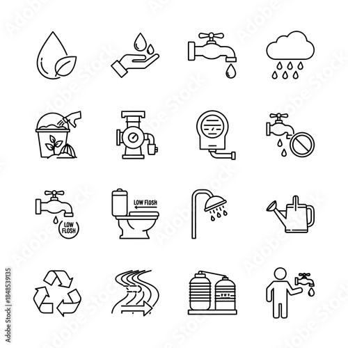 Essential water saving and conservation icons for eco friendly living and sustainable practices promoting resource management