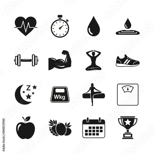 Achieve your wellness goals with this dynamic set of health and fitness icons symbolizing progress, strength, and healthy living.