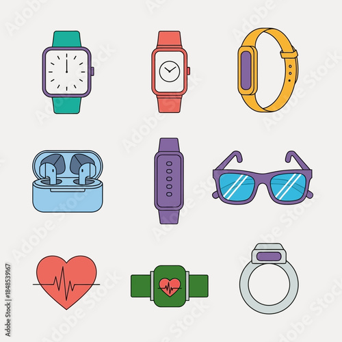 Modern tech gadgets including smartwatches, wireless earbuds, and fitness trackers for a connected lifestyle and wellness journey