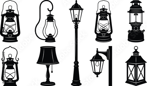 Black lantern silhouettes set, vintage oil lamps and street lights vector icons, retro lighting elements isolated white