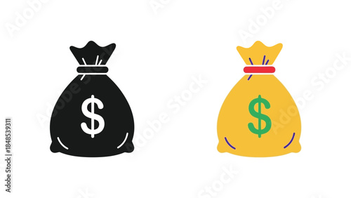 Black and yellow money bag icons with dollar signs financial symbols