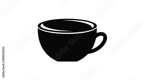 A simple black and white illustration of a coffee cup with a handle