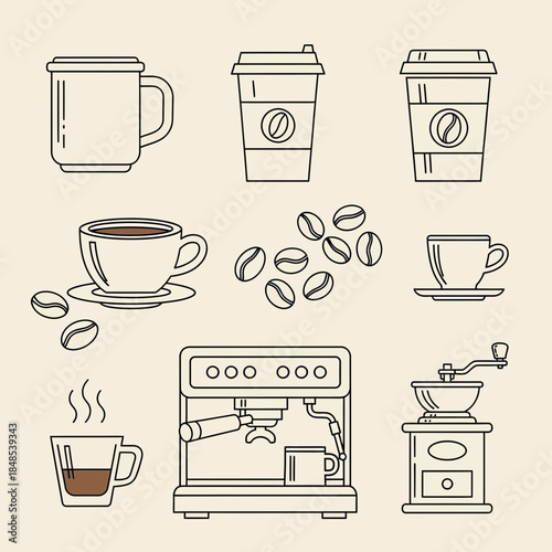 Brewing perfection with this collection of coffee essentials including cups espresso machine grinder and beans for your next project