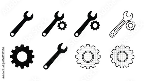 A collection of black and white wrench and gear icons displayed together