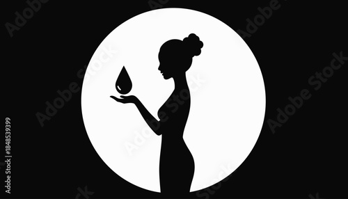 Silhouette of a woman holding a water drop, symbolizing purity, hydration, and natural beauty in a minimalist design.
