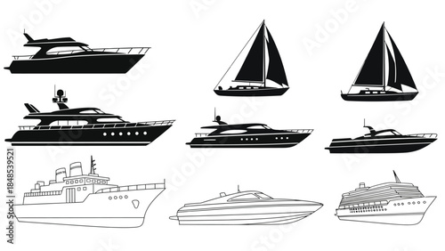 Collection of various boats and ships in black and white silhouette style
