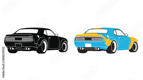 Stylized illustration presenting a classic muscle car in black and blue designs