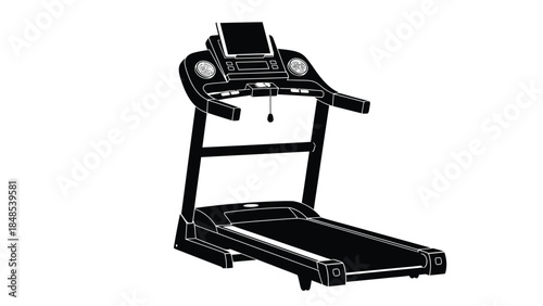A black and white line drawing of a modern home treadmill for fitness