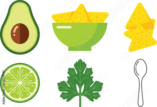 Food and kitchen icon illustration set featuring avocado, tortilla chips, lime, parsley and spoon in colorful flat vector style
