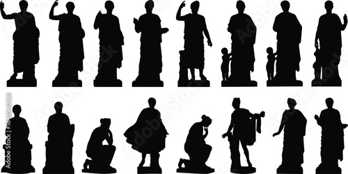 Classical statue silhouettes collection, ancient sculpture figures vector set, historic art statues isolated on white background minimalist black design elements