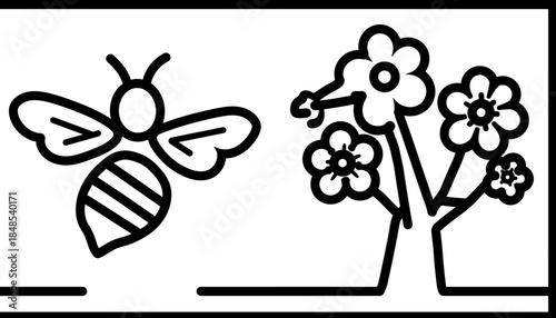 Outline illustration of a bee flying towards a flowering tree, symbolizing nature and spring.