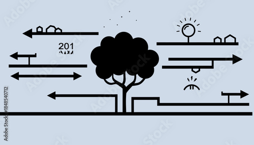 Abstract illustration of a tree with various elements and arrows, symbolizing growth, connection, and environmental concepts.