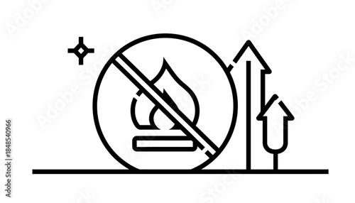 No fire or flame allowed sign with up arrows indicating upward movement or growth, black and white icon.