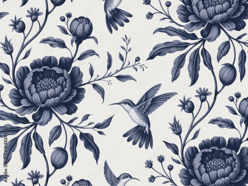 Naklejka premium Blue floral pattern with hummingbird