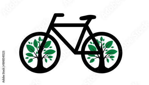 Bicycle with green leaves in wheels, symbolizing eco-friendly transportation and sustainable living.