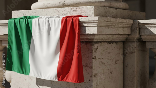 Italian flag draped over a classic stone balustrade showing green white and red stripes in soft folds