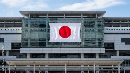 Large japanese flag displayed on modern building facade