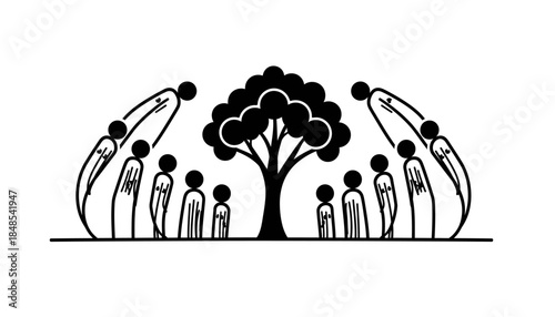 Stylized illustration of people gathered around a tree, symbolizing community, nature, and growth.