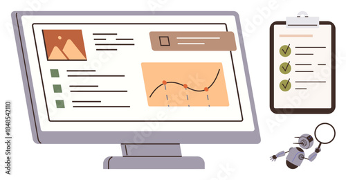 Computer screen displaying dashboard with charts and text, clipboard checklist with green checkmarks, and robotic assistant with magnifying glass. Ideal for analysis, productivity, workflow