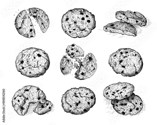 A set of hand-drawn sketches of chocolate chip cookies. Black and white vector illustration of an American cookie with pieces of chocolate. Sweet pastries for breakfast. Menu design element