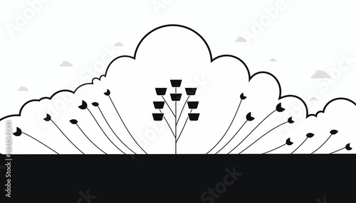 Abstract minimalist black and white illustration of a stylized landscape with plants and clouds.