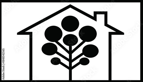 Stylized house with a tree inside, representing eco-friendly living and sustainable home design.