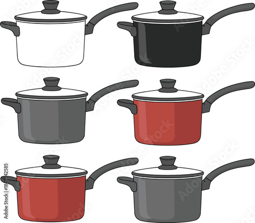 Six-Piece Vector Illustration Set of Kitchen Saucepans with Lids and Long Handles in Various Colors Including Red, Black, White, and Grey.