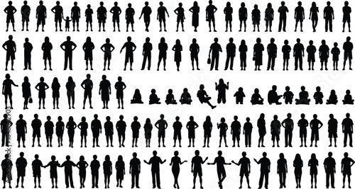 Silhouette vector set of diverse people, standing, sitting, walking, interacting, adults and children, casual poses, communication, lifestyle, teamwork, community, editable black figures, isolated