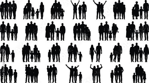 People and family silhouettes collection, parents children couples group figures vector set, social lifestyle human interactions isolated white