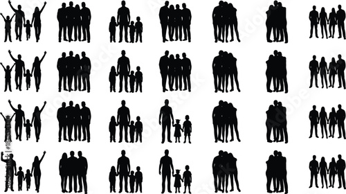 People and family silhouettes pattern, parents children couples groups vector collection, human social relationships isolated on white background